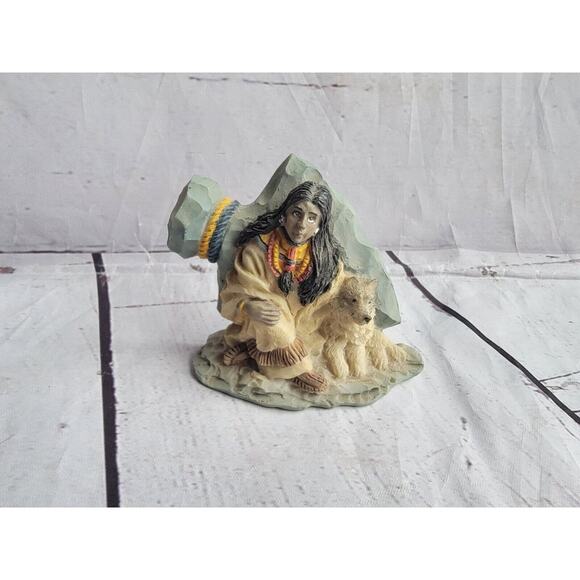 Vintage Native American Women And Wolf Figurine, thanksgiving decor Resin, 2 In - Picture 1 of 6